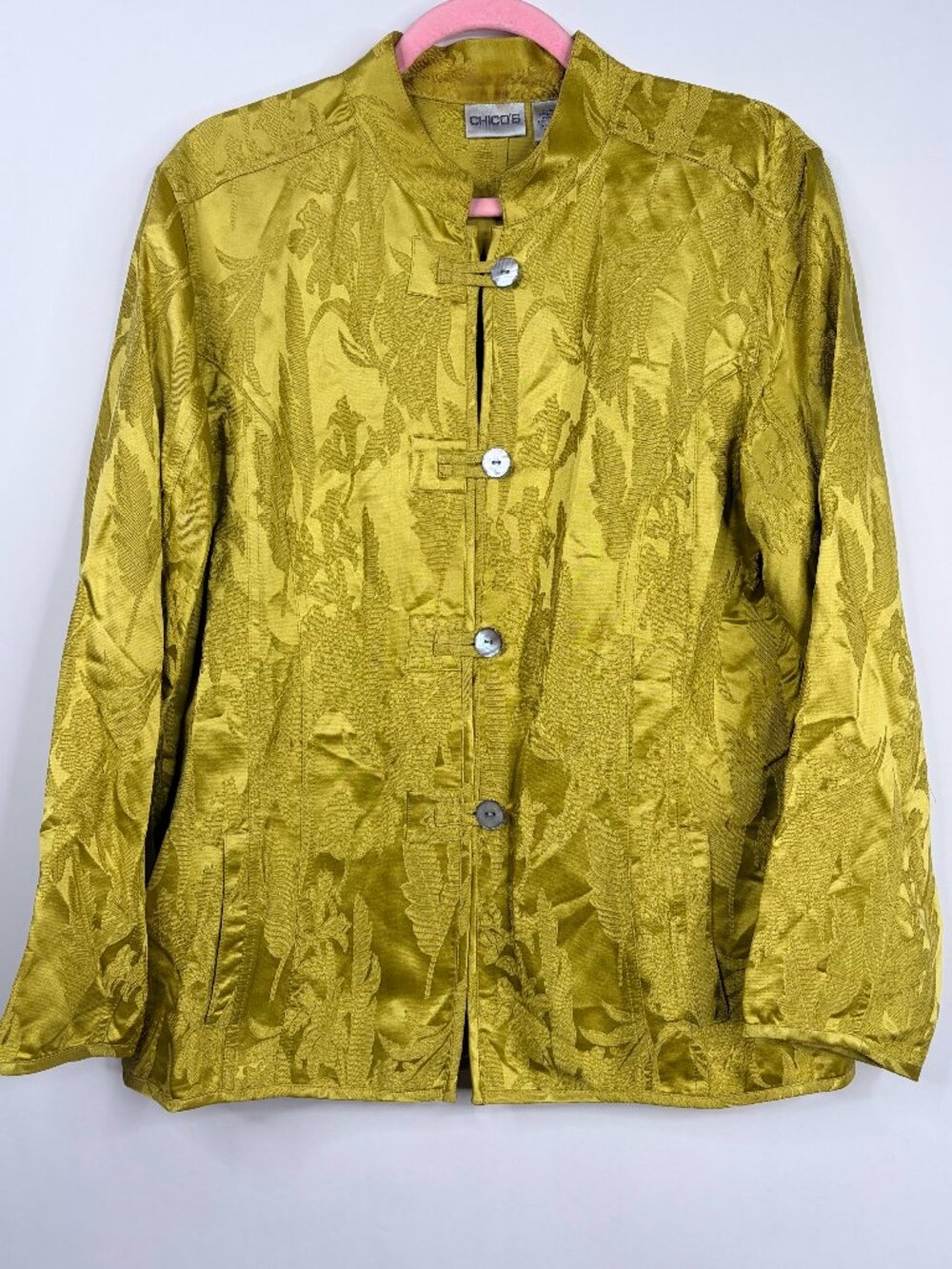 Chico's Jacquard Tang Suit Mandarin Jacket Blazer Apple Green Large 12 #A3105 - Picture 2 of 6